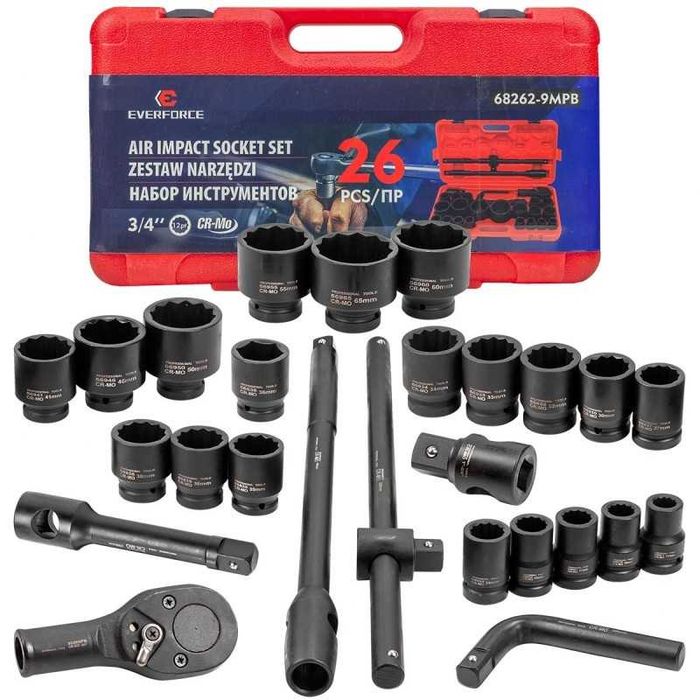 26 Части Професионален Комплект Ударно гедоре 12-стен 3/4" 1" 17-65 mm