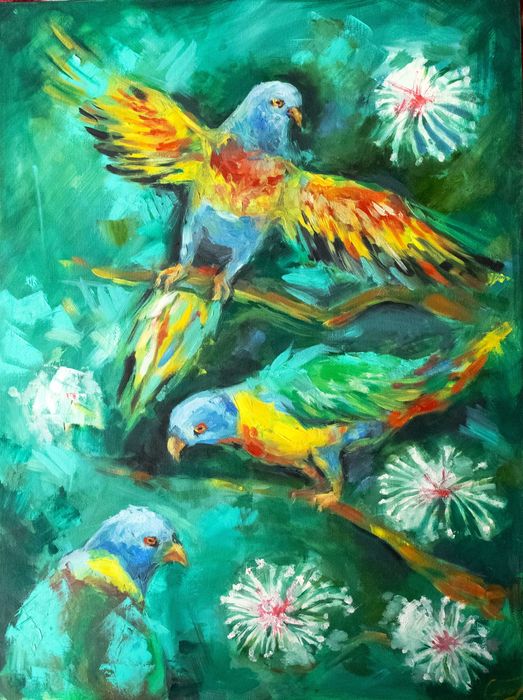 "Три многоцветни лорикета", авторска картина
