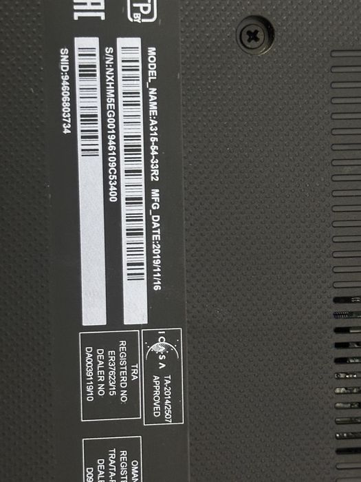 Laptop Acer Aspire 3 (A315-64-33R2 / Model No: N19C1)