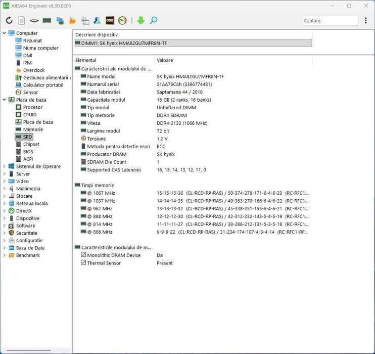 O memorie PC SK Hynix de 16 Gb ddr4,frecvență 2133 MHz,