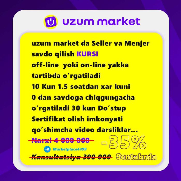 uzum market da savdo qilishni o'rgataman online va offline