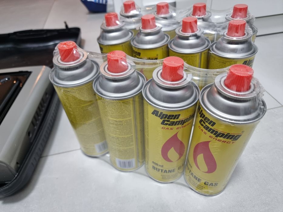 Aragaz camping portabil, Totokita®, alimentare cartus gaz butan, aprindere automata, dubla alimentare, 12 rezerve de gaz