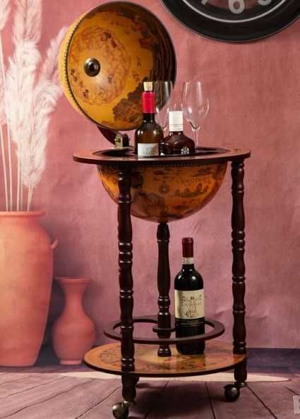 ПРОМО - Нов Глобус Мини Бар - Стойка за Вино/Дървена Масичка - Колела