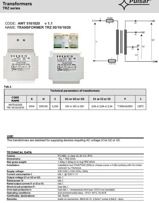 Трансформатор ТРЗ 50 16/18/20 50 VA