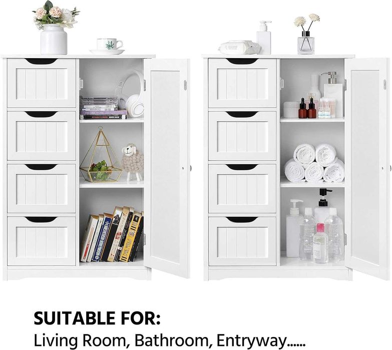 Дървен подов шкаф за баня Страничен с 4 чекмеджета, Свободностоящ  Бял