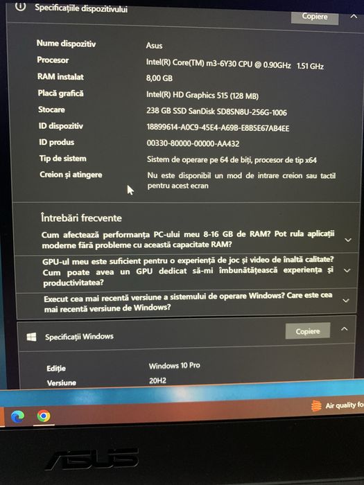 Laptop Asus Slim intel core m3,Windows 10,Ssd 256gb m,8gb ram ddr4.
