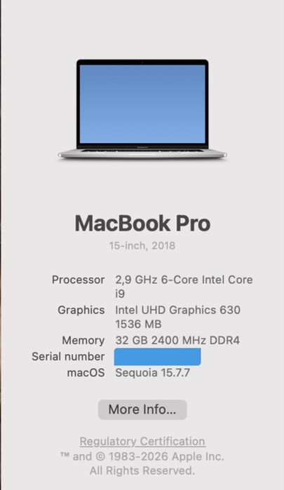 МacBook Pro 15 2018 2.9 GHz 6core Intel i9 / 32GB RAM, 1TB SSD, Intel UHD Graphics 630 & Radeon Pro 560X 4GB, батерията е на 188 цикъла