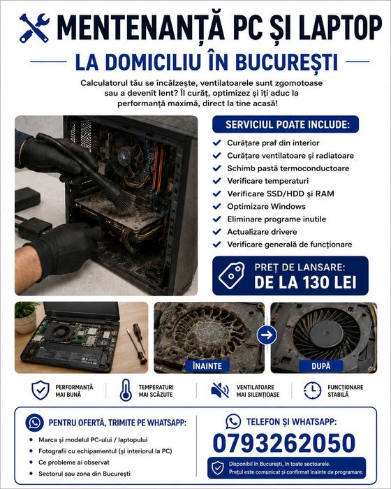 Mentenanță PC și laptop la domiciliu București – curățare și optimizare