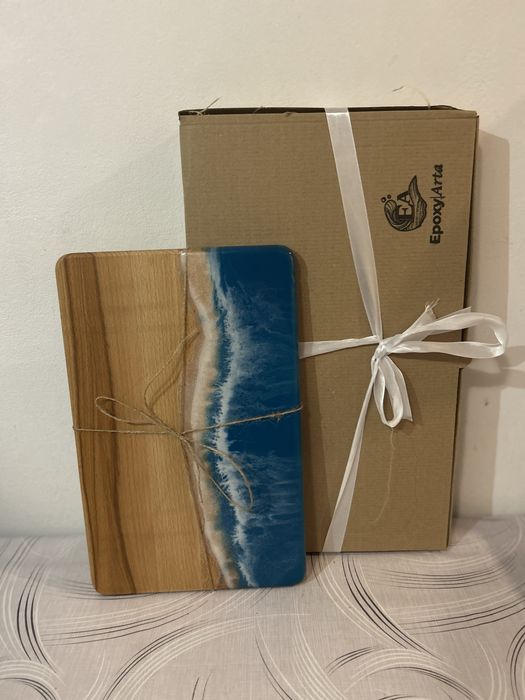 Platou/tocator decorativ din lemn fag si rasina cu efect ocean