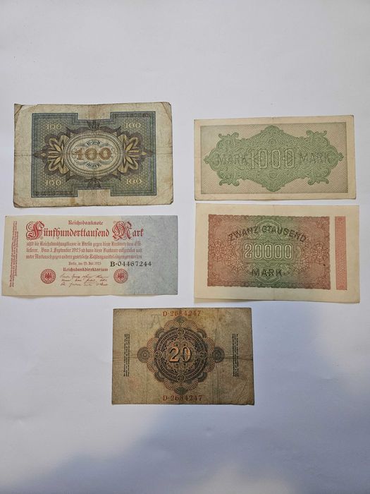 Лот от 5 автентични германски банкноти (Райхсмарки) – Епоха на Хиперинфлацията (1908-1923)