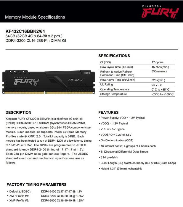 2x32GB DDR4 3200 Kingston Fury Beast - KF432C16BBK2/64
