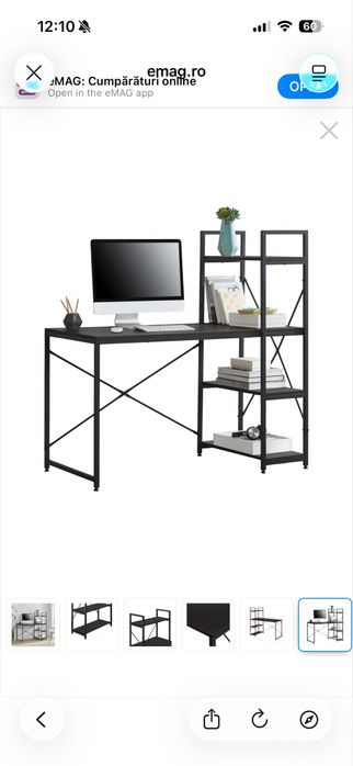 Birou cu rafturi Stavanger, 122 x 120 x 64 cm, metal/PAL, negru/efect lemn de nuc