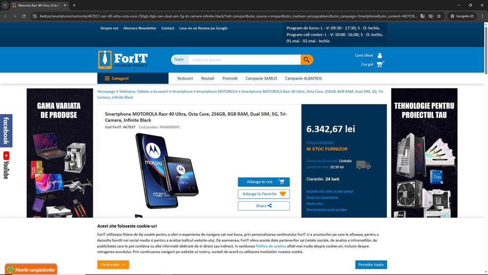 Telefon Motorola razr 40 ultra, Dual SIM, 8GB RAM, 256GB,, Black, NOU