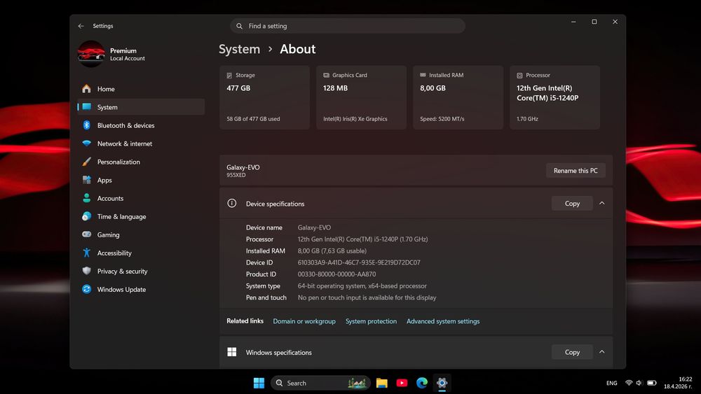 Лаптоп Samsung Galaxy Book Pro  2, 15.6"AMOLED, Intel I5 evo, 512GB NVMe, 8GB ram