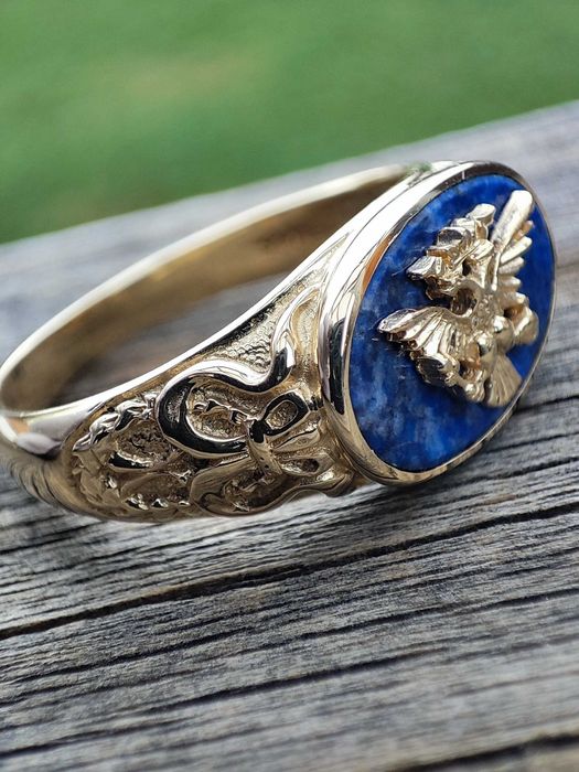 Inel aur Faberge 14k Lapis Lazuli ghiul aur barbatesc diplomat Frankli