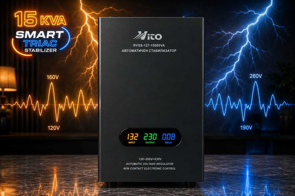 15 KVA ( 12KW ) МОНОФАЗНИ  НИСКОВОЛТАЖНИ Симисторни/TRIAC/ Стабилизатори на ток и напрежение в диапазон 120V-290V, Електронно у-ние,цветен LED дисплей