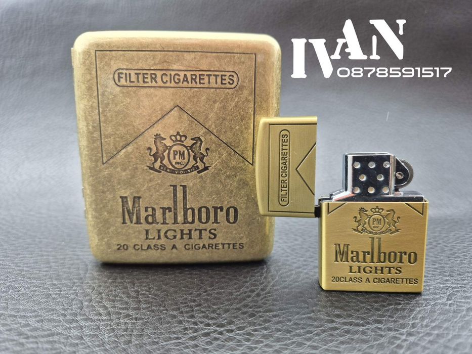 Табакера от месинг и газова запалка  комплект  Marlboro