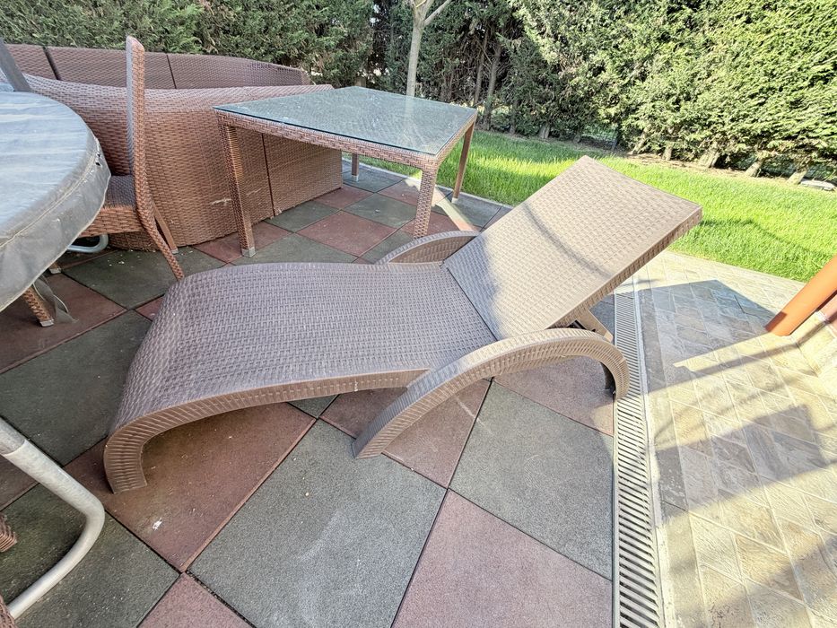 Set exterior: masa+6scaune+canapea(PERNE ALBE)+masuta cafea+sezlong