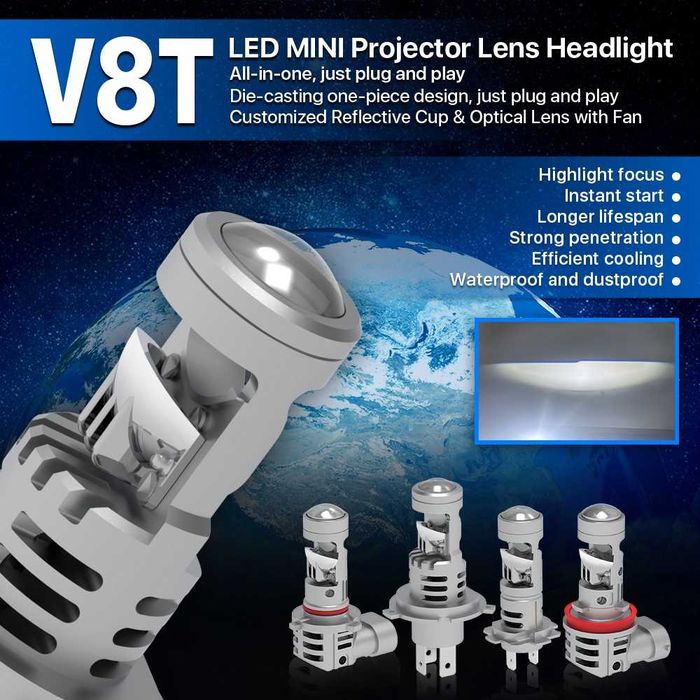 Комплект 2 LED крушки с лупа и вентилатор V8T, Plug and Play, H7, H4, 9005-HB3, 9000 Lm, 12V, 2 x 40W, 6500К, CSP LED чип