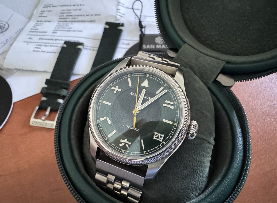 Ceas barbati automatic SAN MARTIN SEIKO EPSON YN55 ca nou cutie acte factura garantie pilot style 100m 40h rezerva