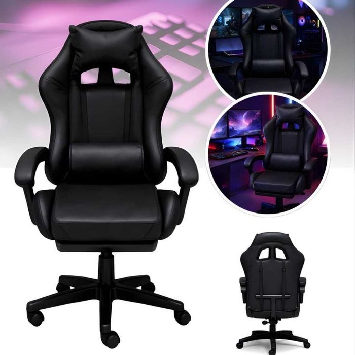 Премиум геймърски стол с масажна функция, поставка за крака и ергономична метална рамка, PU кожа, Черен