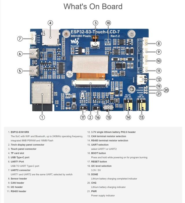 Waveshare ESP32-S3-Touch-LCD-7,afișaj IPS 800 × 480,Capacitive Touch,16MB Flash and 8MB PSRAM