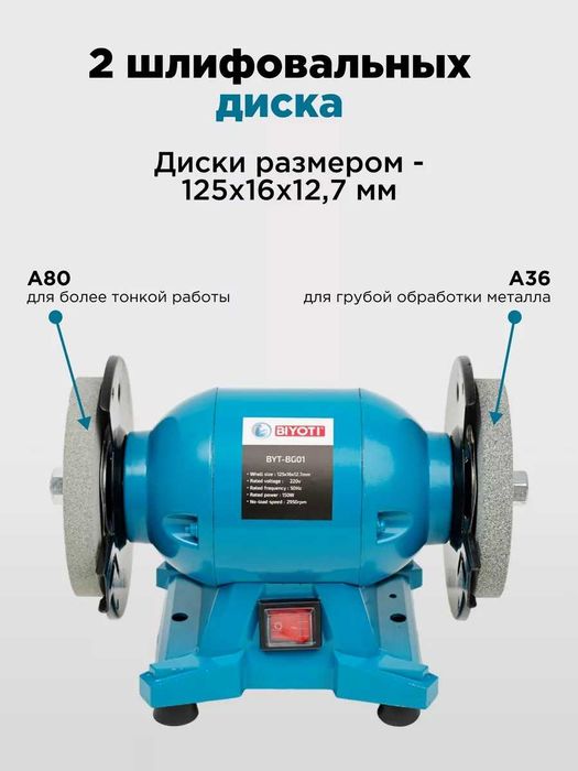 Точильно-шлифовальный станок Biyoti BYT-BG01, 150 Вт, 125 мм