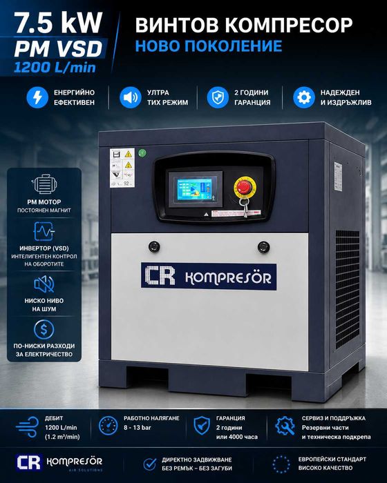 Нов винтов компресор 7.5 kW PM VSD – 1200 л/мин – 2 години гаранция