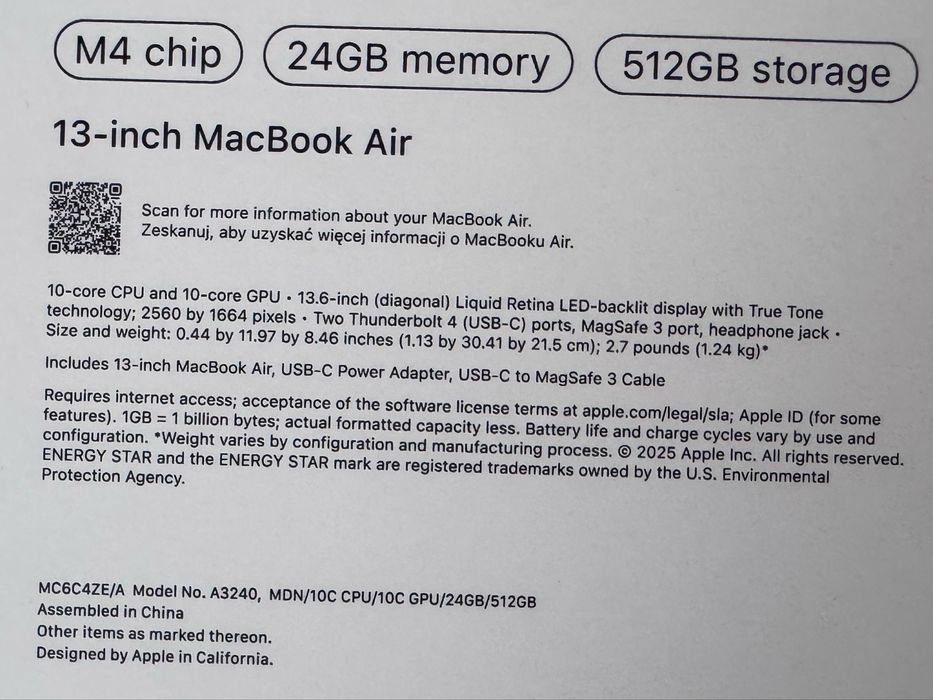 Спешно! MacBook Air 13”, M4, 24GB, 512GB, Midnight