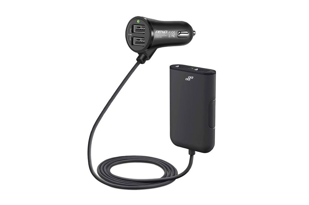 Incarcator auto Amio 12/24V, 2X USB 2.4A 5V fisa pricheta + 2X USB 2.4A 5V extindere 1.5m pentru pasageri spate