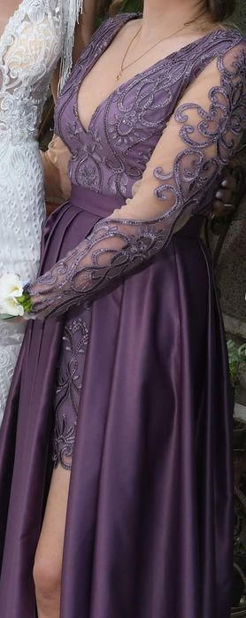 Rochie de ocazie / nașă, mov, satin & dantela, transp.inclus