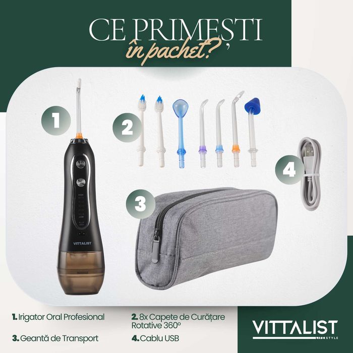 Irigator Oral Profesional Portabil, 8 capete si geanta incluse
