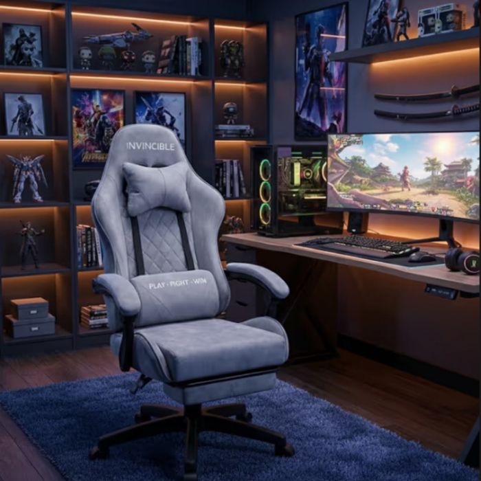 Геймърски стол с регулируема височина и лумбална възглавница
