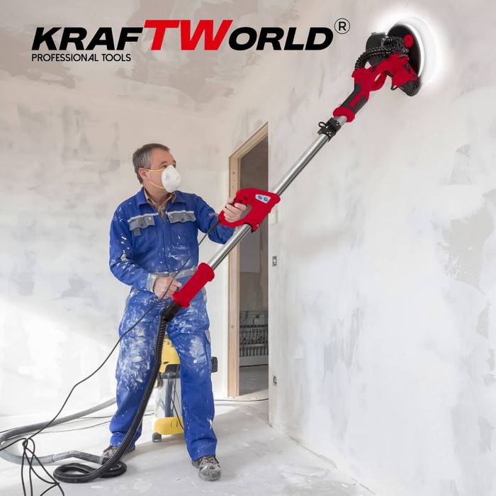 Шлайфмашина за стени и тавани KraftWorld – с кръгла LED глава,телескоп