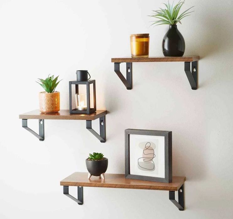 Комплект от 3 рафта, черен метал, с дървен рафт