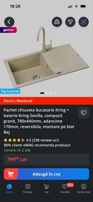 Chiuveta bucatarie 780x440 + Baterie, compozit granit