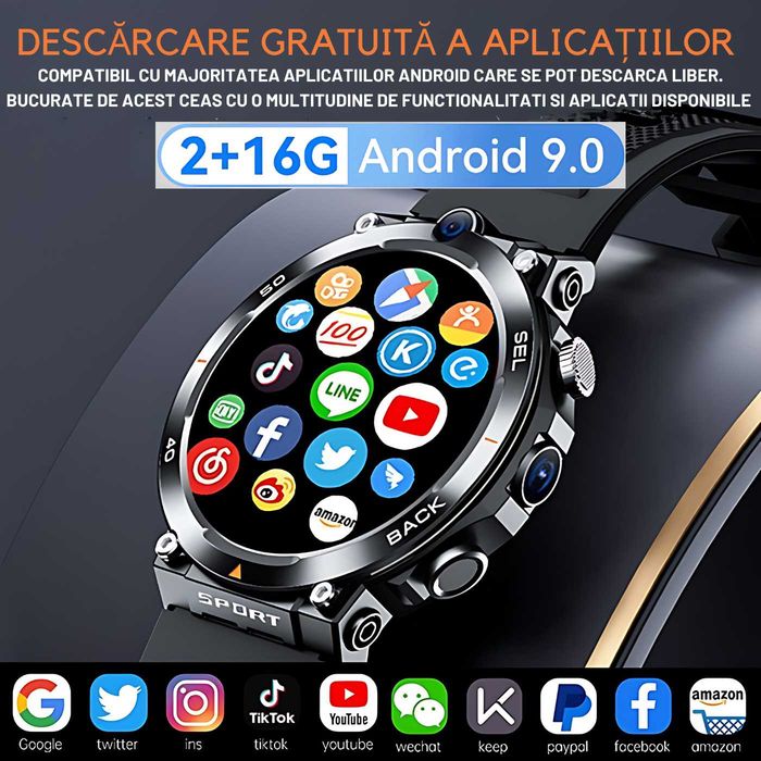 Ceas Smartwatch 4G LTE SIM Watch Phone , Apel Video, Navigatie GPS, WiFi Camera 3-7 Mpx, Sistem Operarare Android 9.0, Aplicatii Sociale
