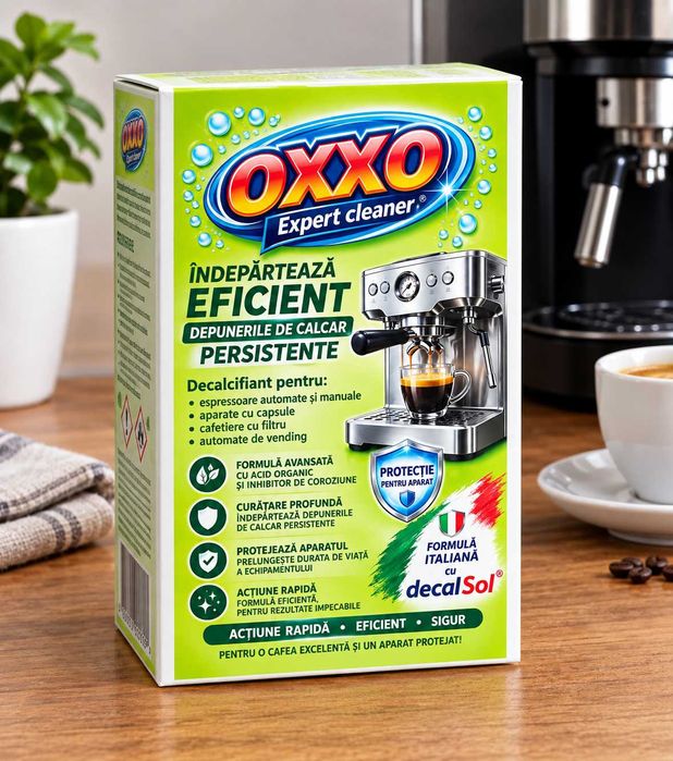 OXXO Expert Cleaner - Decalcifiant Aparate Cafea – Acid Citric cu  DecalSol* – Espressoare Automate/Manuale-cutie 6 plicuri(6 utilizari)