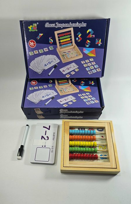 Дървено сметало абакус с числа, карти и танграм