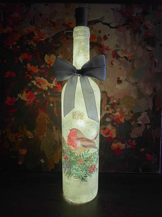 Подарък LED Декоративно Шише – Декупаж, Ръчна Изработка, Нощна Лампа