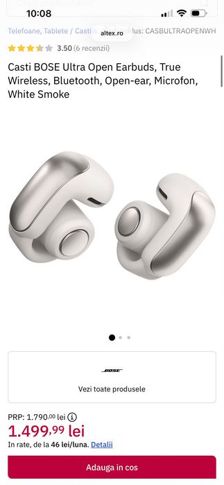 Casti Open-Ear BOSE Ultra Open Earbuds, True Wireless, Bluetooth, Microfon, IPX4, White Smoke
