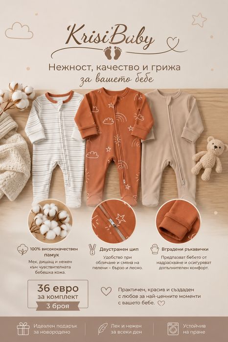 Бебешки дрехи, бебешки комплекти KrisiBaby – 100% памук, двупосочен цип и вградени ръкавички (0–3 месеца)