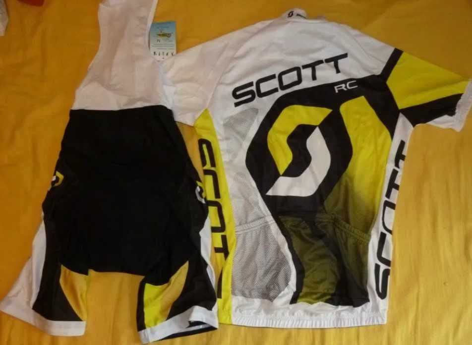 Echipament ciclism Scott negru rosu galben NOU set pantaloni tricou