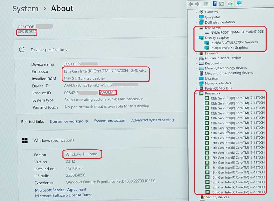 Dell XPS 9530/Core i7 13700H/16GB RAM/512GB SSD/Arc A370M 4GB/15.6 IPS