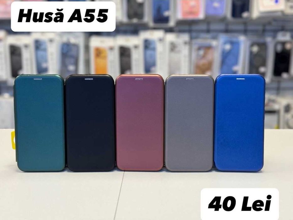 Husa piele ecologica tip carte, folie, cablu, încarcator Samsung A55