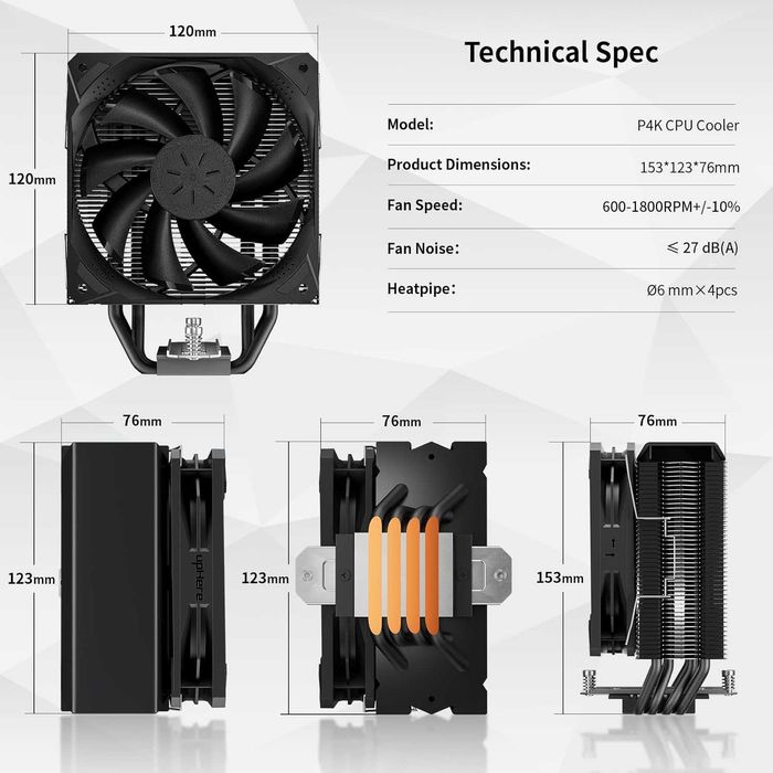 Охладител за процесор upHere P4K с 4 медни тръби и 120мм вентилатор