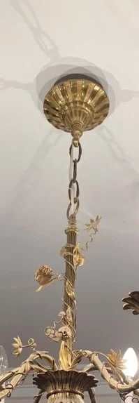 Plafoniera din bronz antic si portelan albastru cobalt Spania, sec XX.