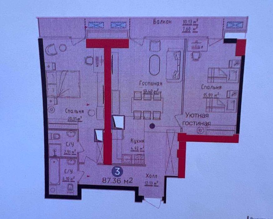 ЖК NRG U-Tower, 3 комнаты, 83 м², коробка, высокий этаж