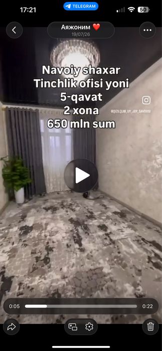 Квартира  2 хонали 80 кв  мерт тинчлик офисини йонида 22 мактаб якин