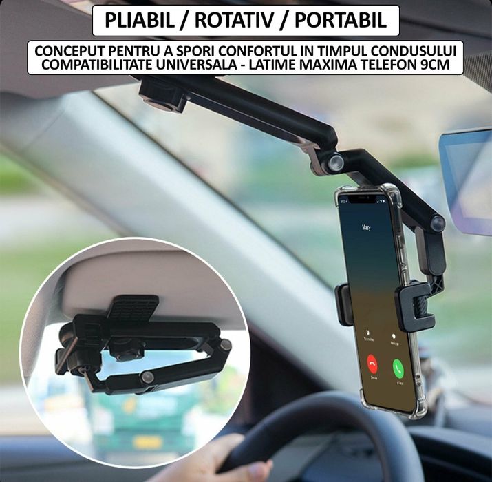 Suport auto telefon cu prindere la parasolar/pe oglinda